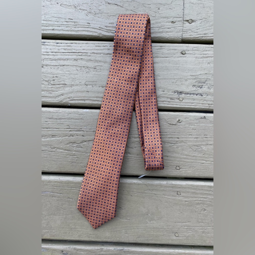 NWOT Jos A. Bank - RESERVE burnt orange & blue silk neck tie, Size: 61”L x 3”W